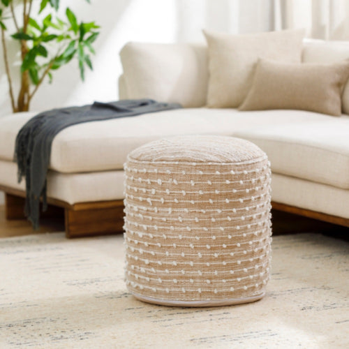 neutral outdoor pouf raw edge woven