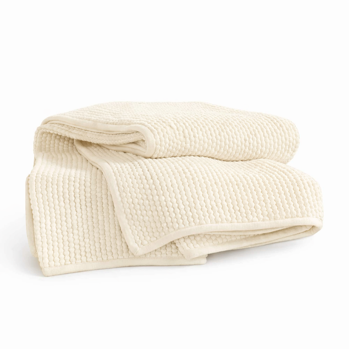 Ivory Mandalay Popcorn Throw by India's Heritage, 100% cotton, neatly folded on a white background.