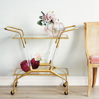 gold leaf metal tempered glass shelf bar cart 