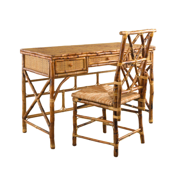 Kenian Tortoise Shell Bamboo Desk + Chair Set features woven details and a rustic rush seat on a white background.
