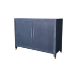 ocean blue grasscloth wrapped 2-door cupboard interior shelf brass hardware