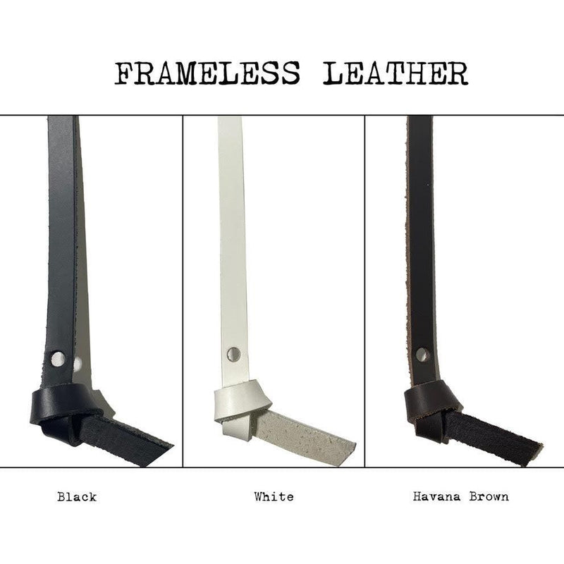 A vertical display features three Art Print Frameless Leather + Steel Hangers by Barloga Studios in black, white, and Havana brown against a white background.