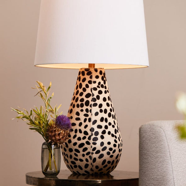 hair on hide table lamp white linen shade 