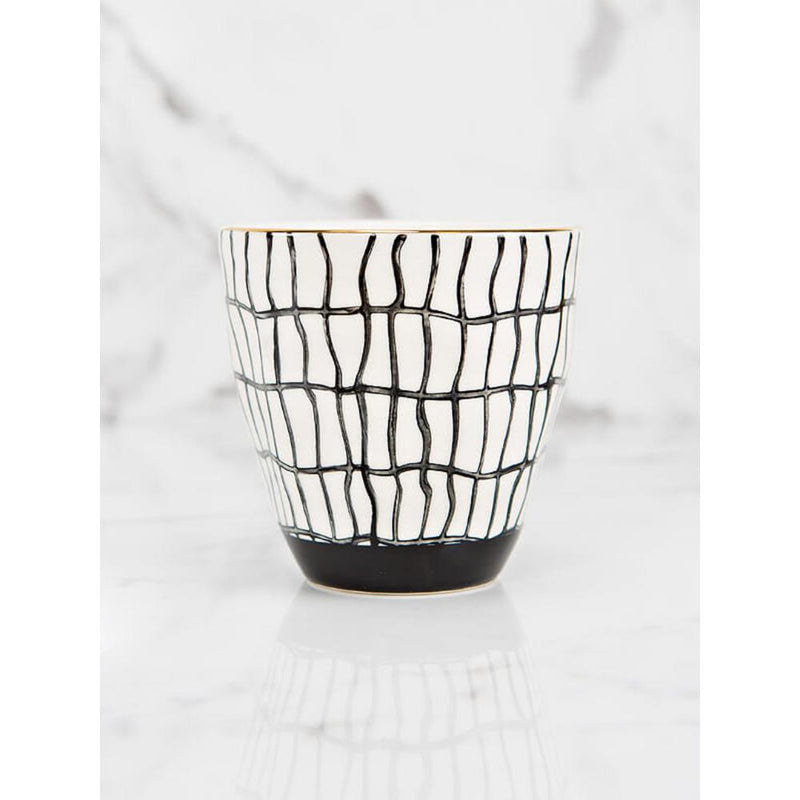 black and white decorative print cups gold rim