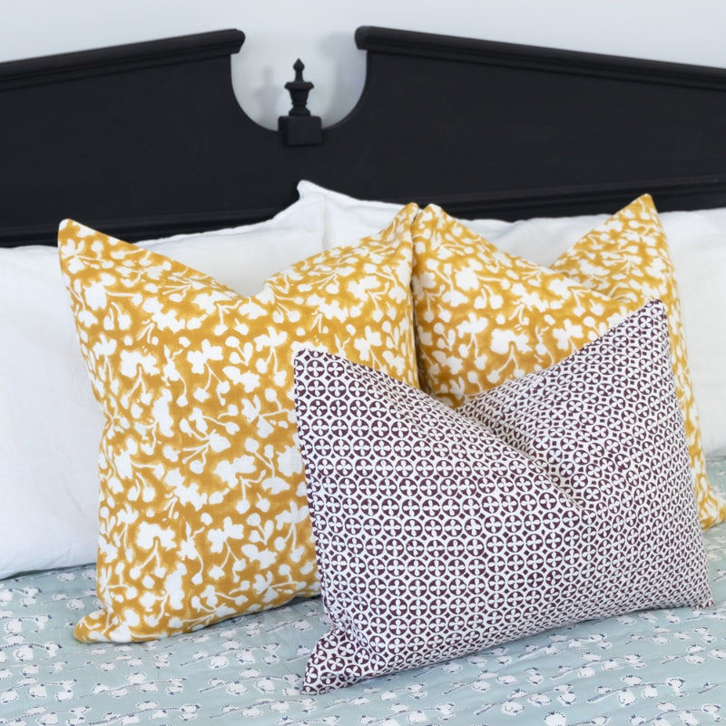 lumbar accent pillow brown white block-printed linen 