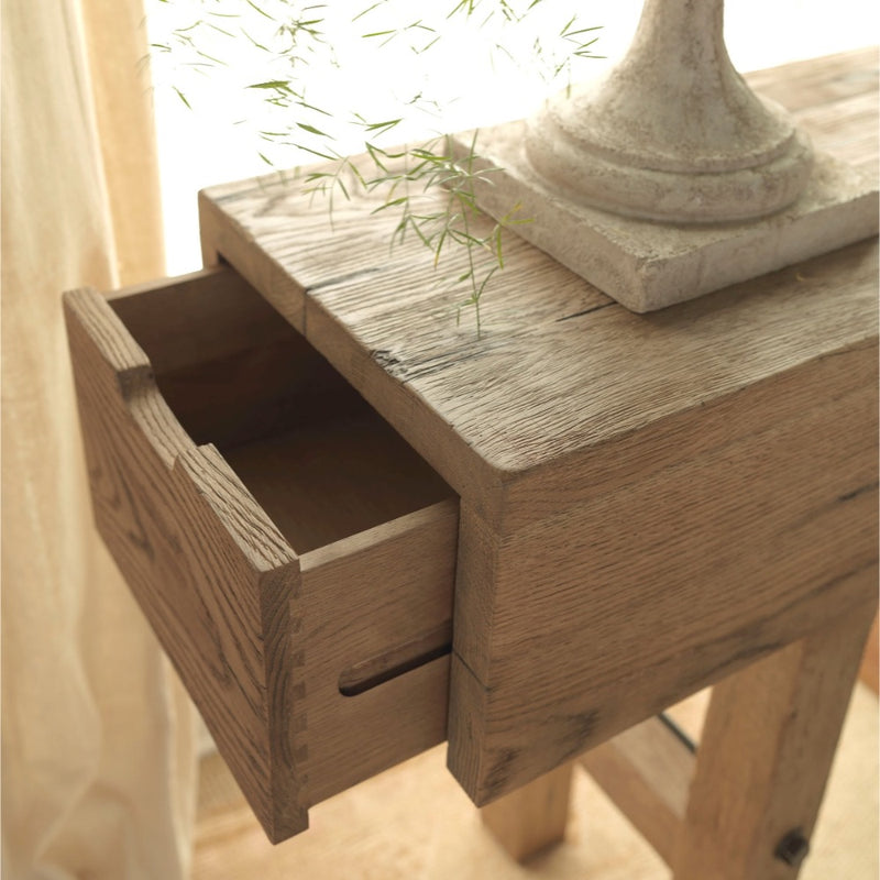 console table breadboard finish oak solids storage drawers natural