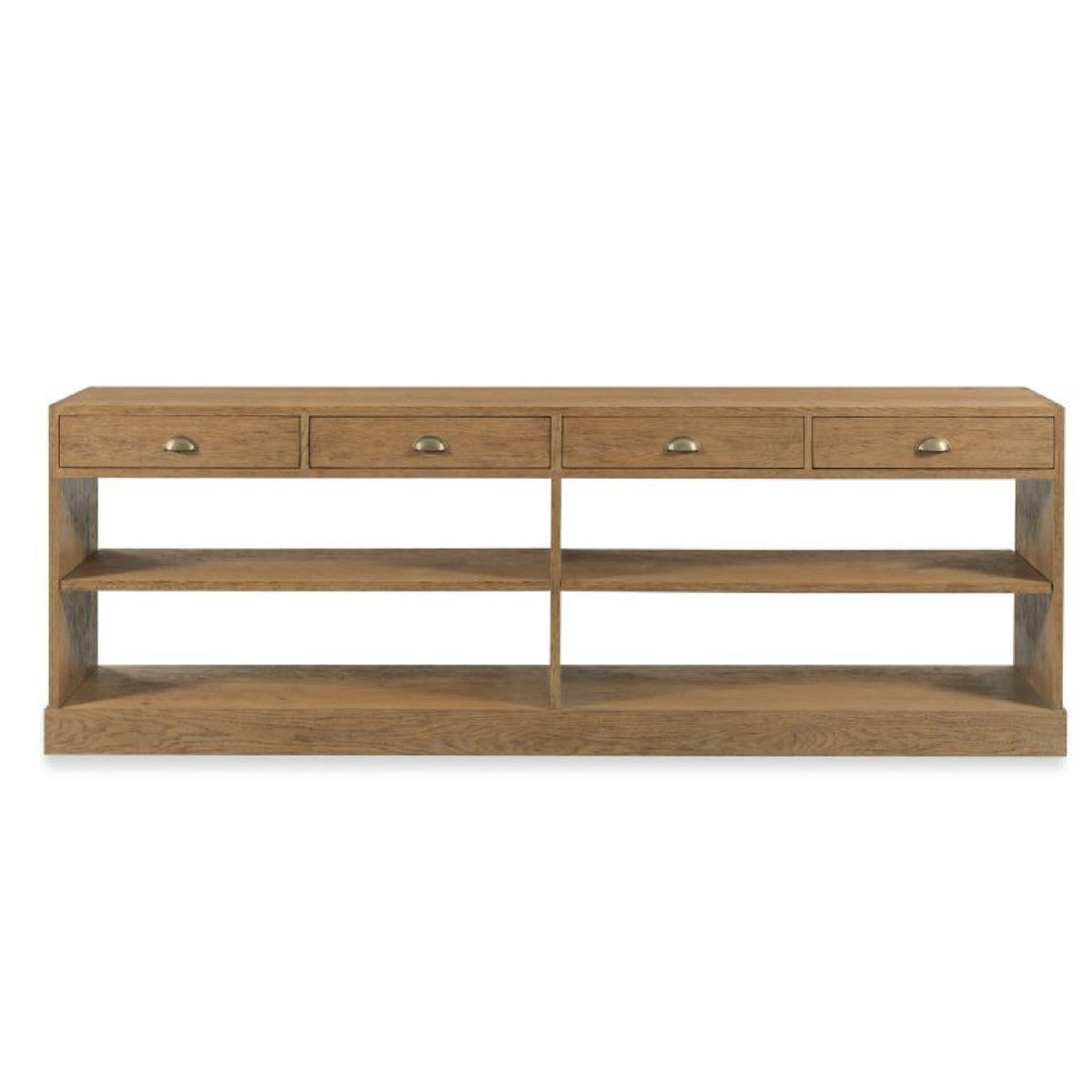 Woodbridge Furniture Scholar’s Storage Console: brass hardware, 4 drawers, 2 shelves, natural brown finish.