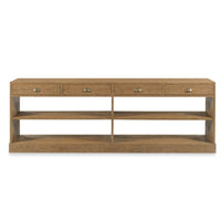 Woodbridge Furniture Scholar’s Storage Console: brass hardware, 4 drawers, 2 shelves, natural brown finish.