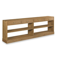 Scholar’s Storage Console by Woodbridge Furniture: wood table with drawers, brass hardware, and open shelves.