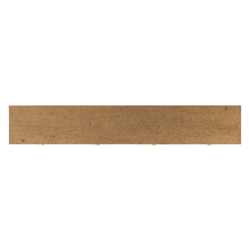 Top view of a rectangular wooden console table with a natural brown wood grain texture, shown horizontally against a plain white background.