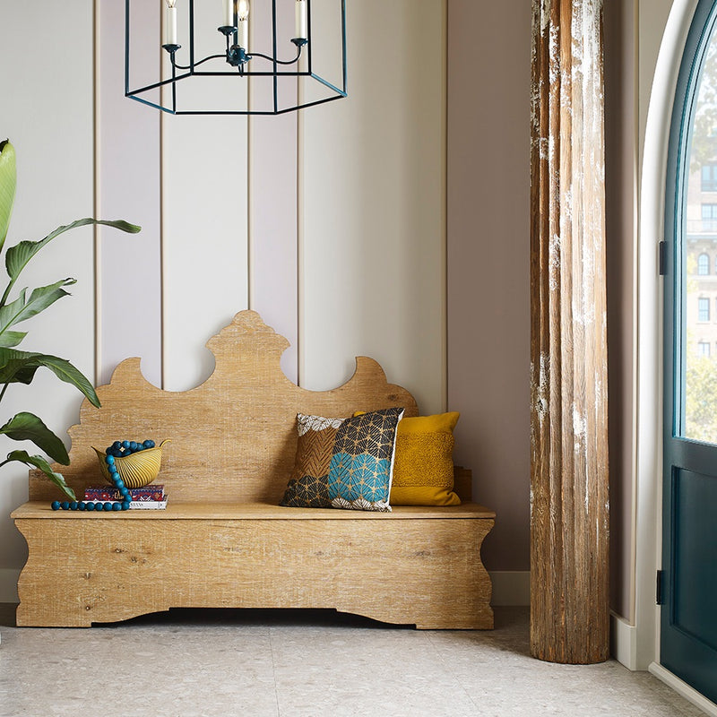 limewash finish wood bench natural carved