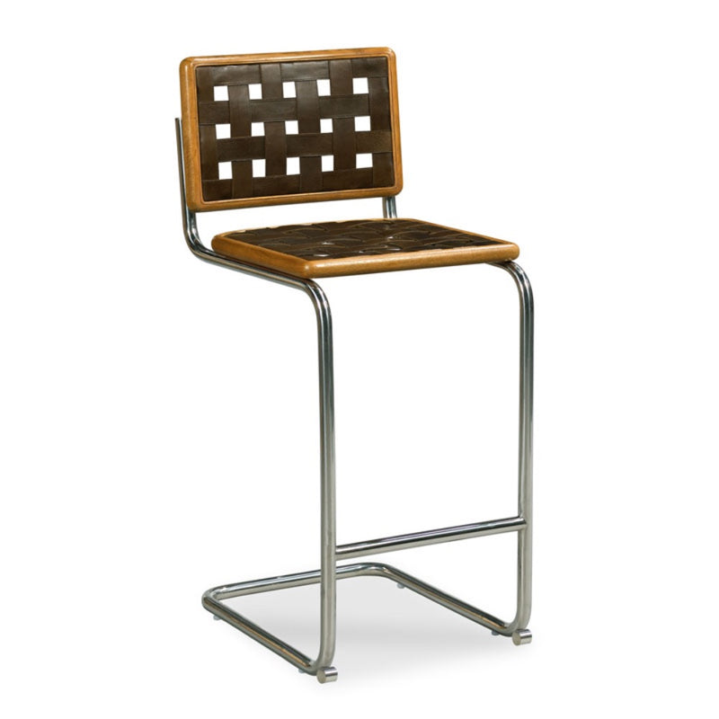 counter stool metal leather woven straps oak solids