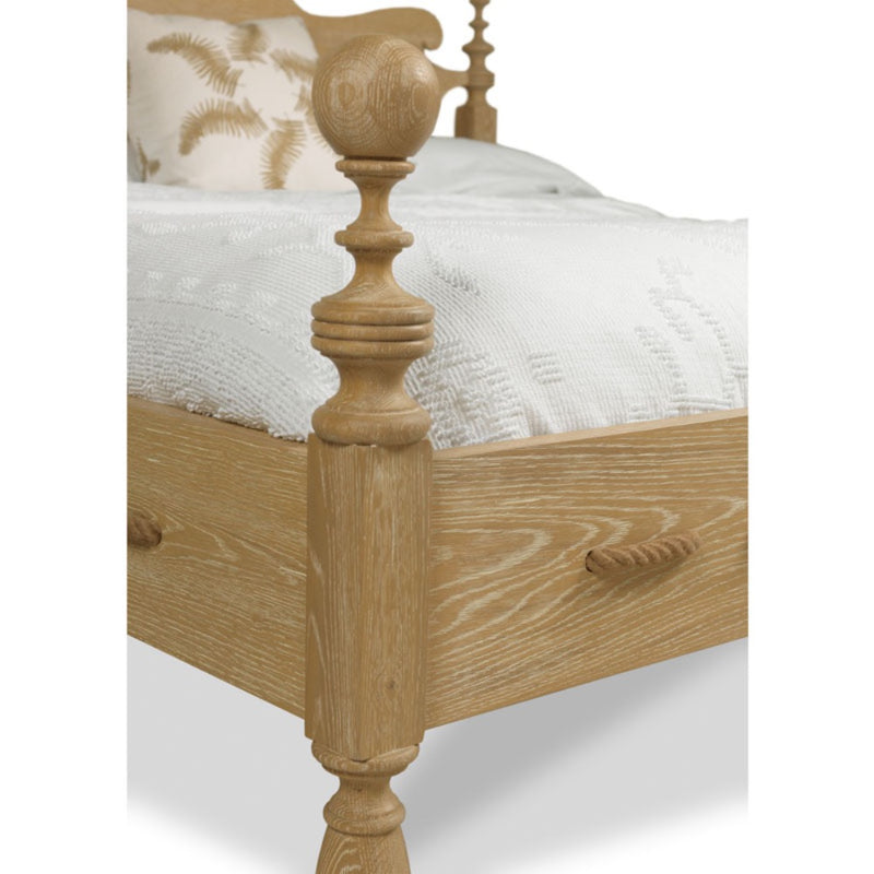 oak bed queen natural wood carved details rope edge limewash