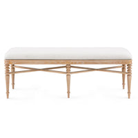 The Lawrence Almond Cerused Oak Bench by Villa & House features turned legs, cross stretchers, and a light upholstered seat.