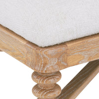 Wooden bench corner view with white cushion on a white background