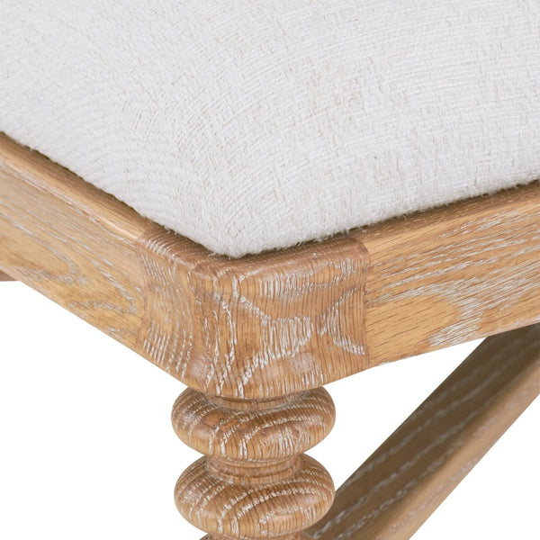 Wooden bench corner view with white cushion on a white background