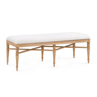 Lawrence Almond Cerused Oak Bench by Villa & House with beige seat, spindle legs, and hand-carved details.