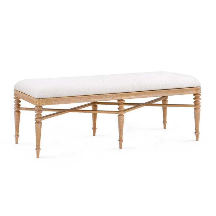 Lawrence Almond Cerused Oak Bench by Villa & House with beige seat, spindle legs, and hand-carved details.