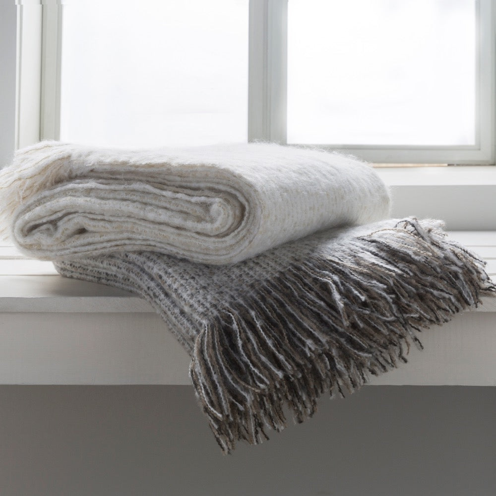 taupe white charcoal woven throw blanket tassels fringe