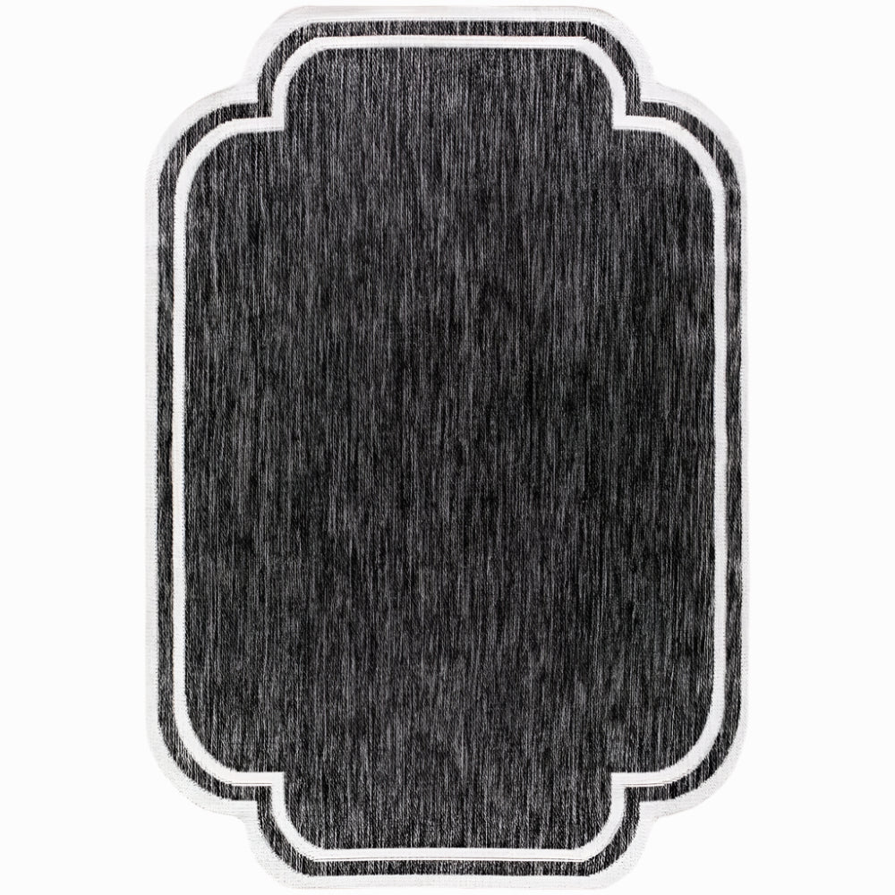 area rug machine woven black white scalloped edge