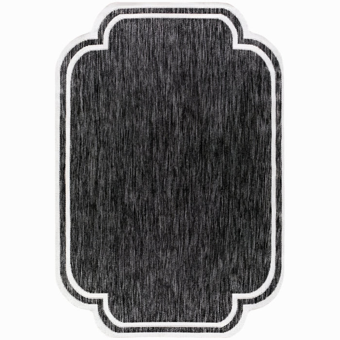 area rug machine woven black white scalloped edge