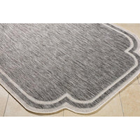 area rug machine woven charcoal white scalloped edge