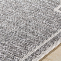 area rug machine woven charcoal white scalloped edge