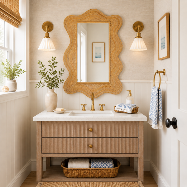 Beige bathroom with Drift Natural Rattan Mirror by Woodbridge Furniture, gold fixtures, twin lights, plants, towels.