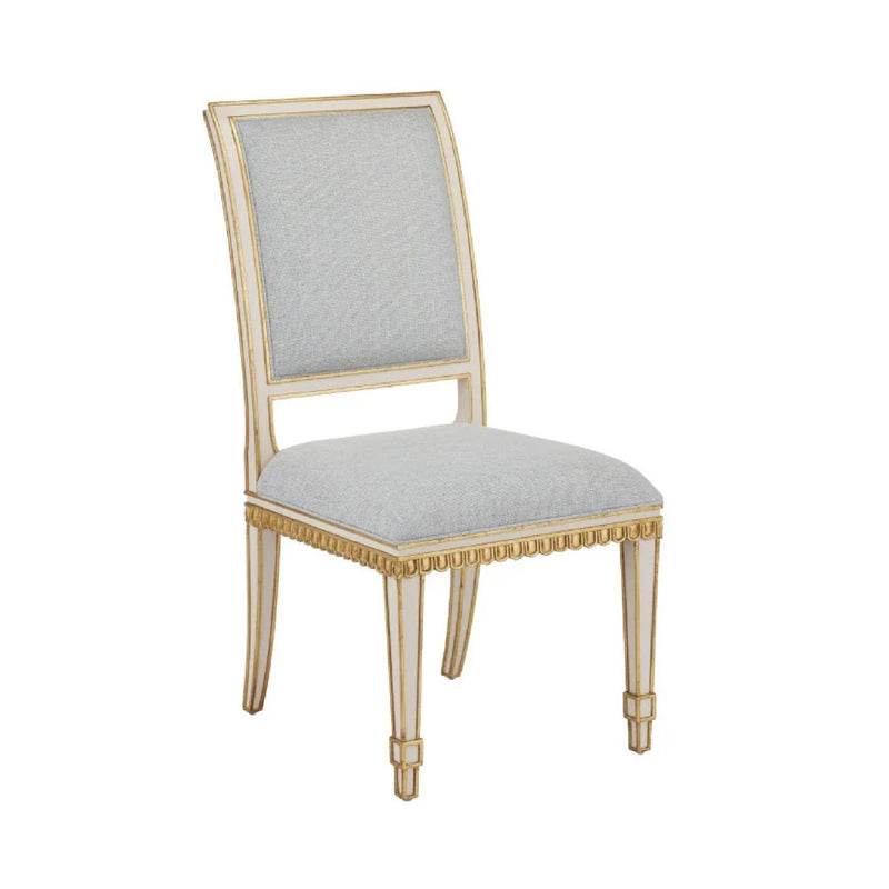 armless dining chair ivory wood frame antique gold trim gray back seat cushions