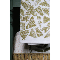 white flour sack tea towel green yellow printed moths