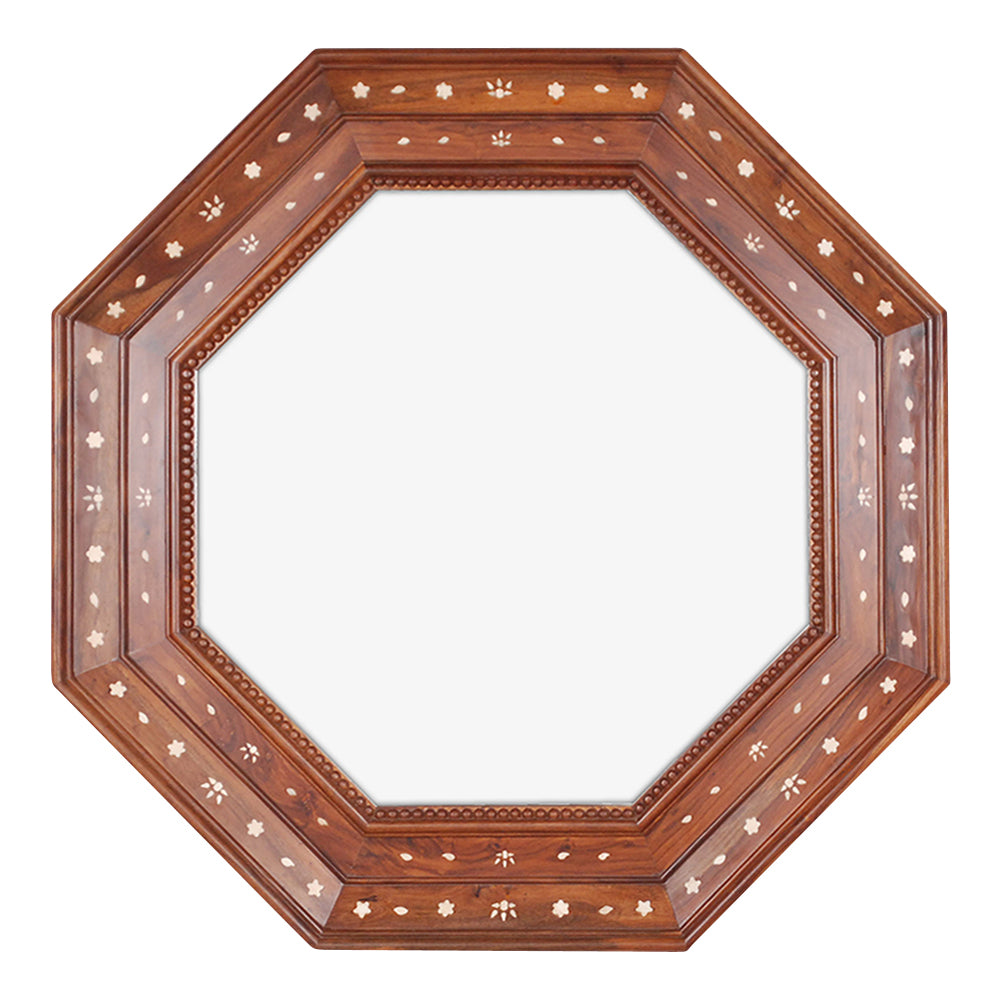 Octagonal wooden mirror with decorative inlay on a white background