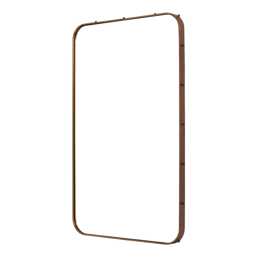 Leather Wrapped Antique Bronze Mirror by Mirror Home, angled against a white background.
