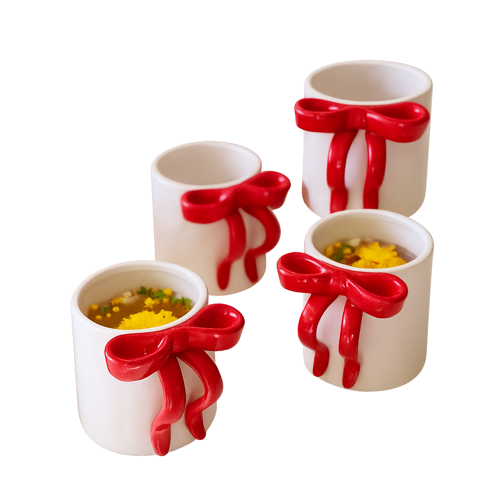 Four Kalalou Ceramic Bow Coffee Mugs (set of 4), two filled with soup, garnished with herbs and yellow toppings.
