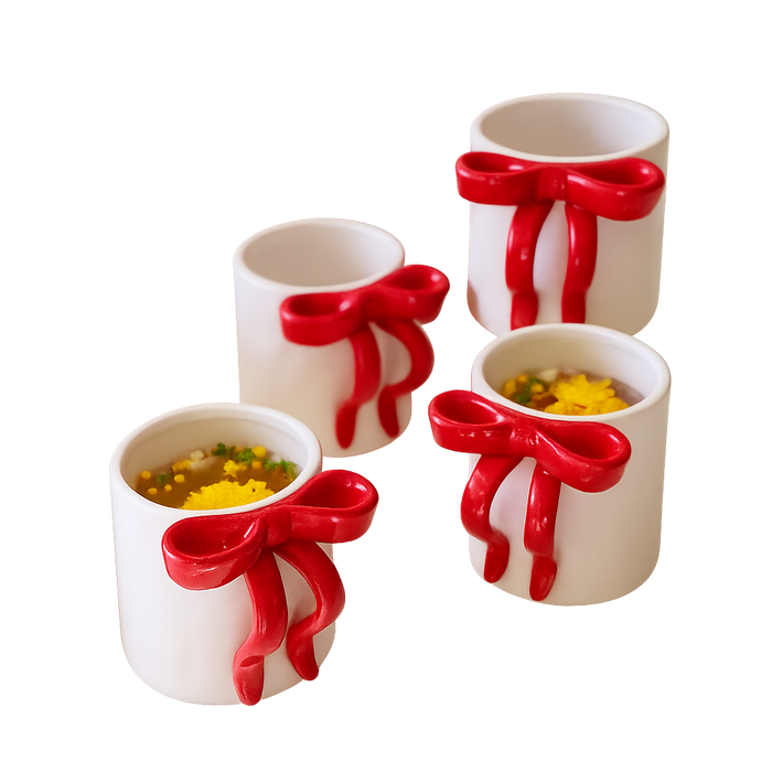Four Kalalou Ceramic Bow Coffee Mugs (set of 4), two filled with soup, garnished with herbs and yellow toppings.