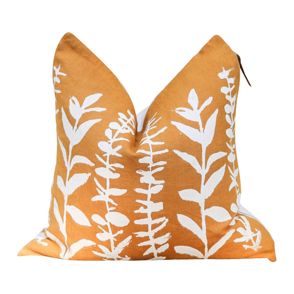 square pillow mustard linen white eucalyptus branches 