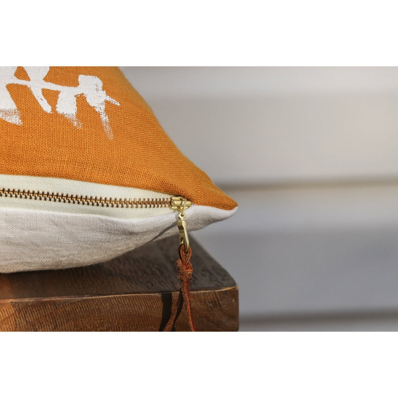square pillow mustard linen white eucalyptus branches 