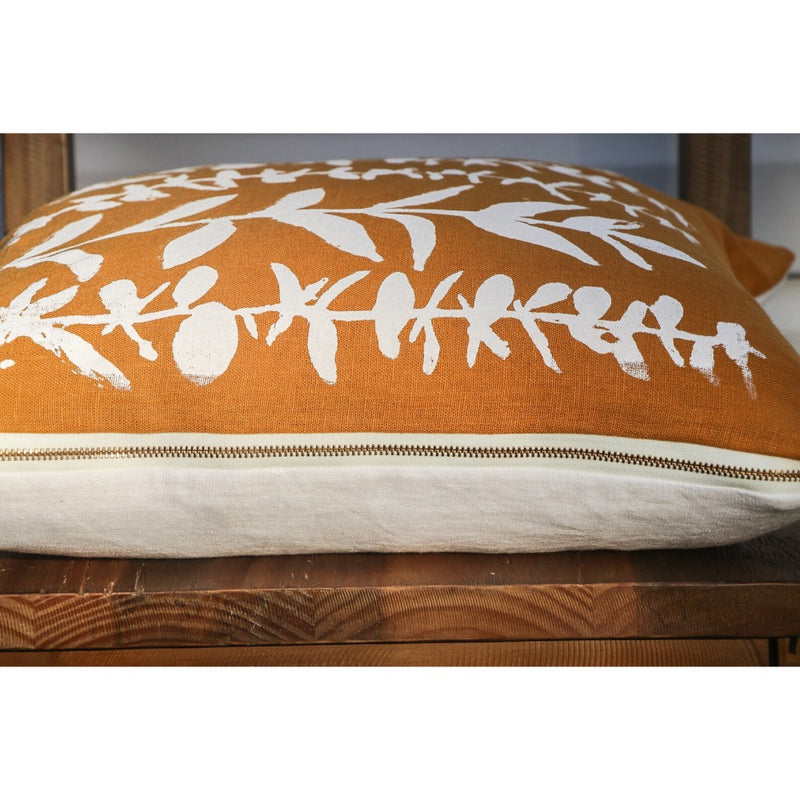 square pillow mustard linen white eucalyptus branches 