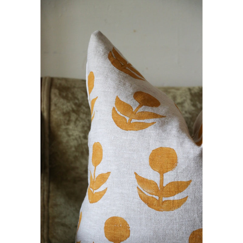 square pillow mustard flowers linen zipper 20"
