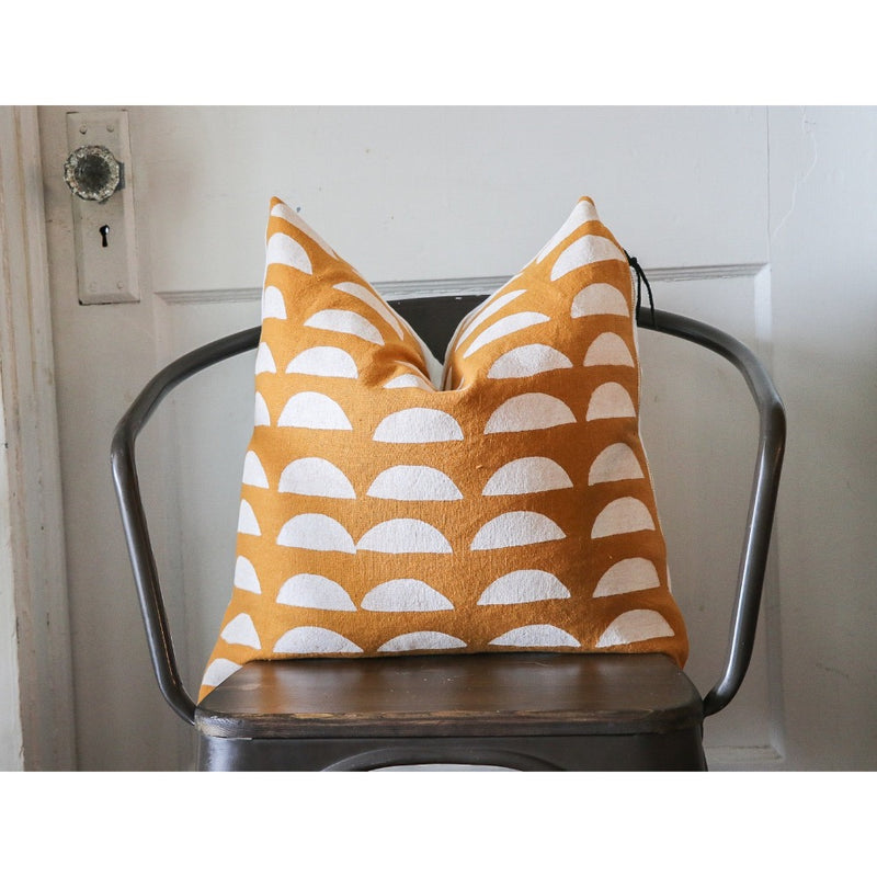 square pillow mustard linen white half circles 20"