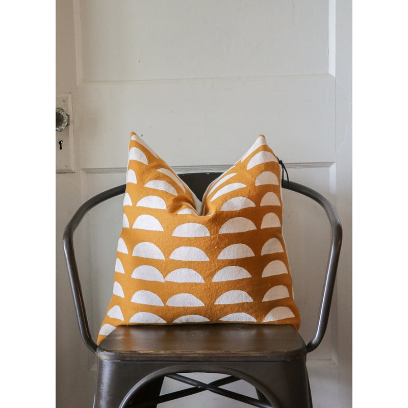 square pillow mustard linen white half circles 20"