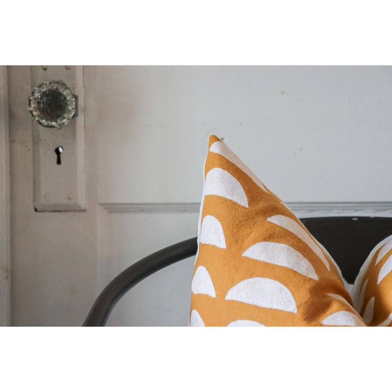 square pillow mustard linen white half circles 20"