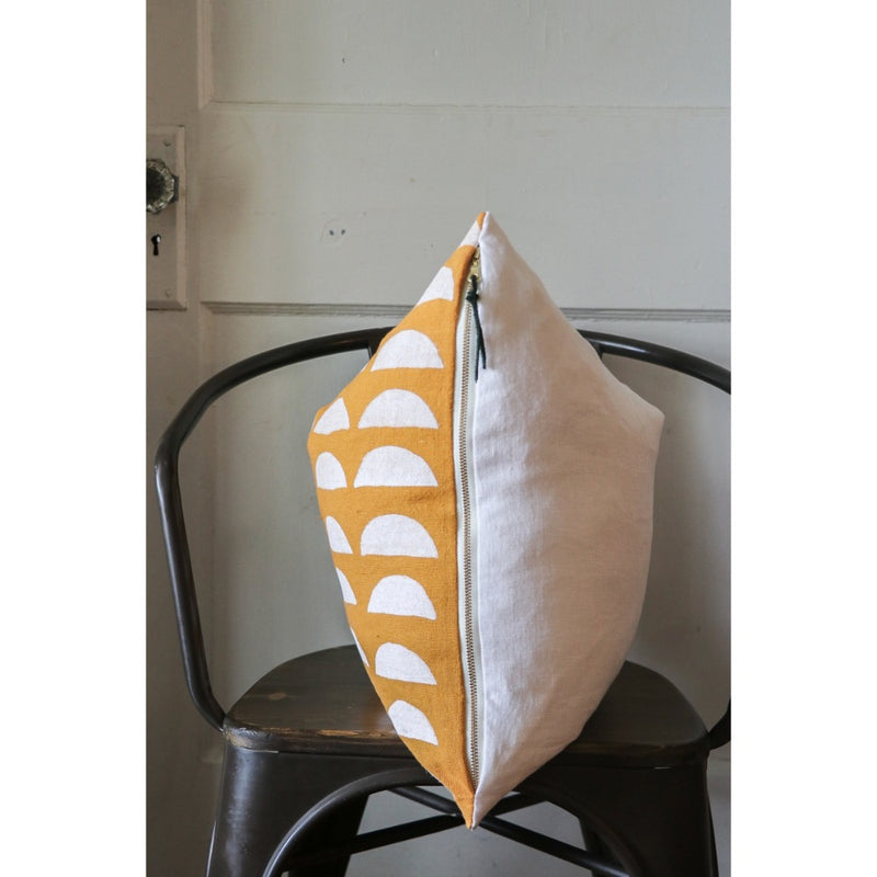square pillow mustard linen white half circles 20"