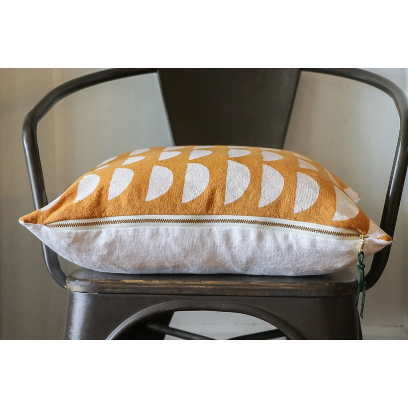 square pillow mustard linen white half circles 20"