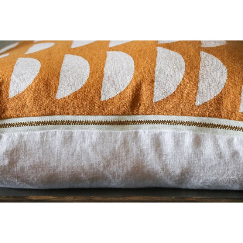 square pillow mustard linen white half circles 20"
