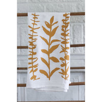 white flour sack tea towel yellow mustard eucalyptus