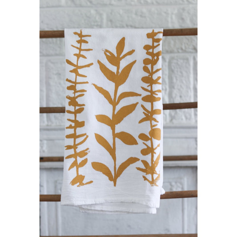 white flour sack tea towel yellow mustard eucalyptus