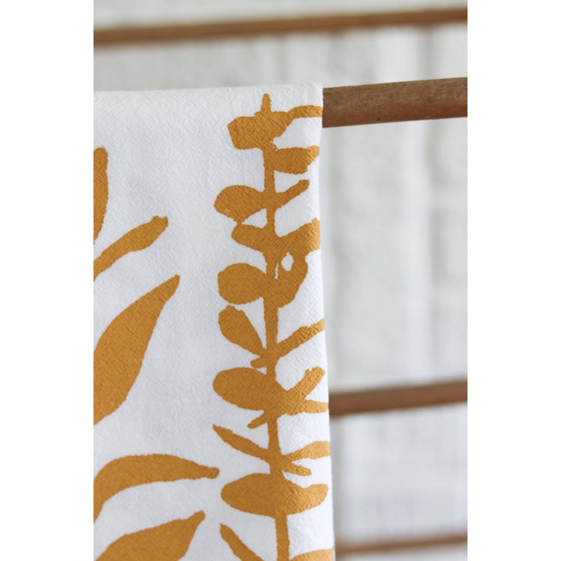 white flour sack tea towel yellow mustard eucalyptus