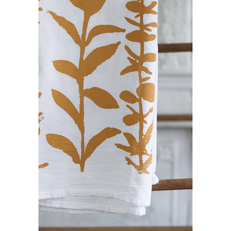 white flour sack tea towel yellow mustard eucalyptus