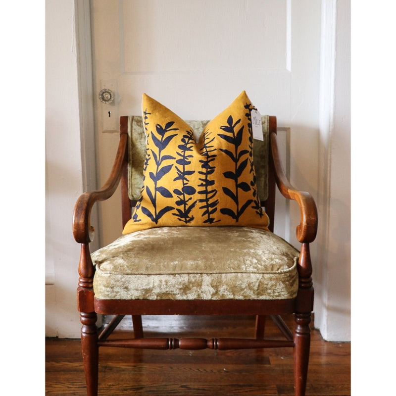 square pillow mustard linen navy eucalyptus branches 