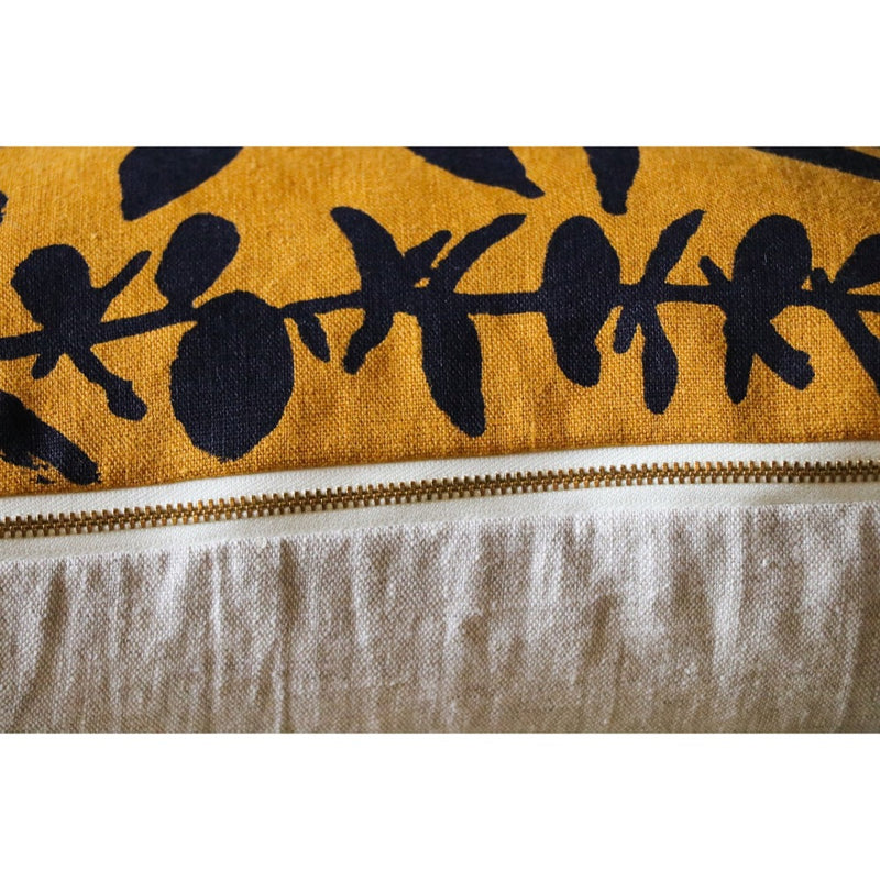 square pillow mustard linen navy eucalyptus branches 